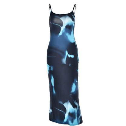 Watercolor Abstract Print Scoop Neck Spaghetti Strap Bodycon Maxi Dress