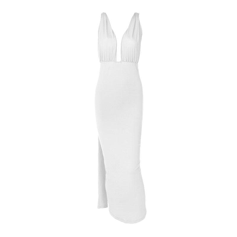 Deep V Neck Wide Strap Waist Tie Ribbon Panel Bodycon Maxi Dress
