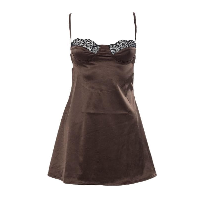 Sweetheart Lace Trim Satin Spaghetti Strap Slip Mini Dress