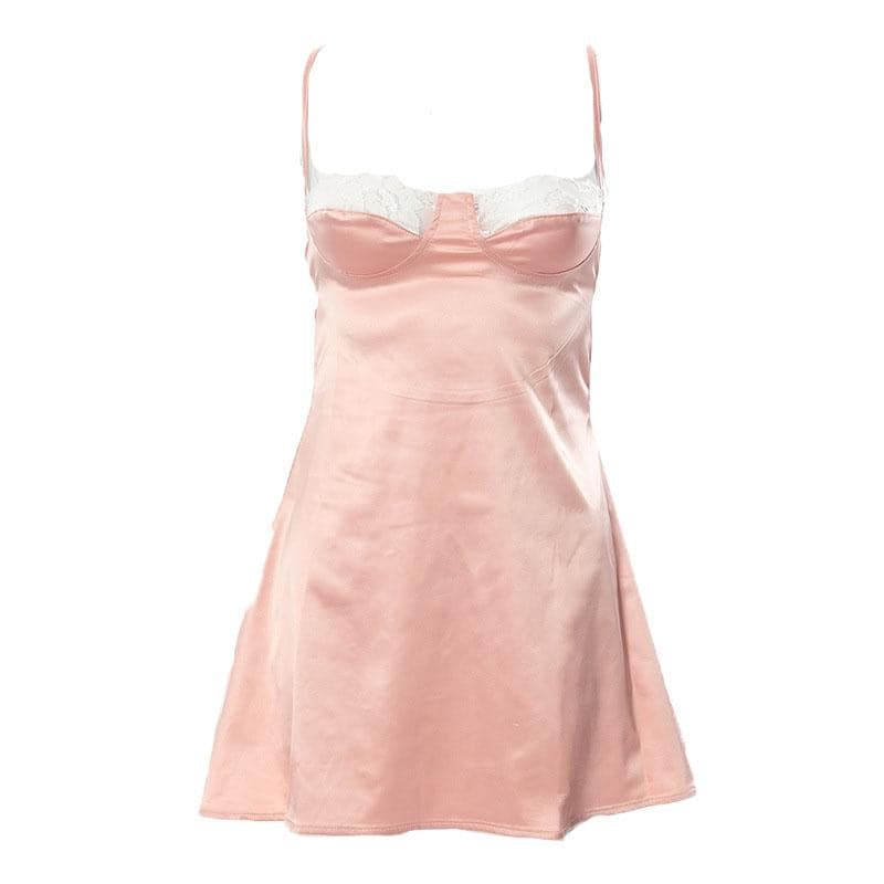 Sweetheart Lace Trim Satin Spaghetti Strap Slip Mini Dress