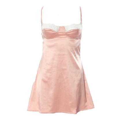 Sweetheart Lace Trim Satin Spaghetti Strap Slip Mini Dress