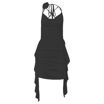Cowl Neck Spaghetti Strap Ruched Side Drape Flower Choker Mini Dress