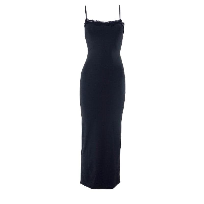 Square Neck Lace Trim Spaghetti Strap Backless Bodycon Maxi Dress