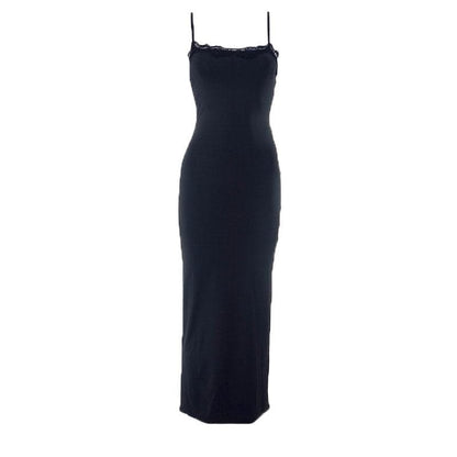 Square Neck Lace Trim Spaghetti Strap Backless Bodycon Maxi Dress