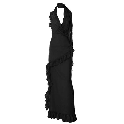 Halter Scarf Neck Surplice Ruffle Trim Maxi Gown