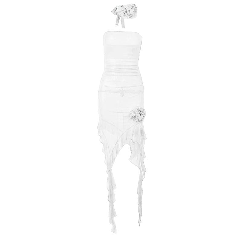 Strapless Sheer Mesh Flower Applique Ruffle Midi Dress
