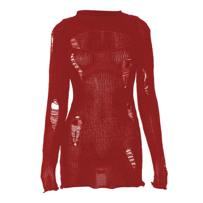 Distressed Rip Hollow Out Crew Neck Long Sleeve Crochet Mini Dress
