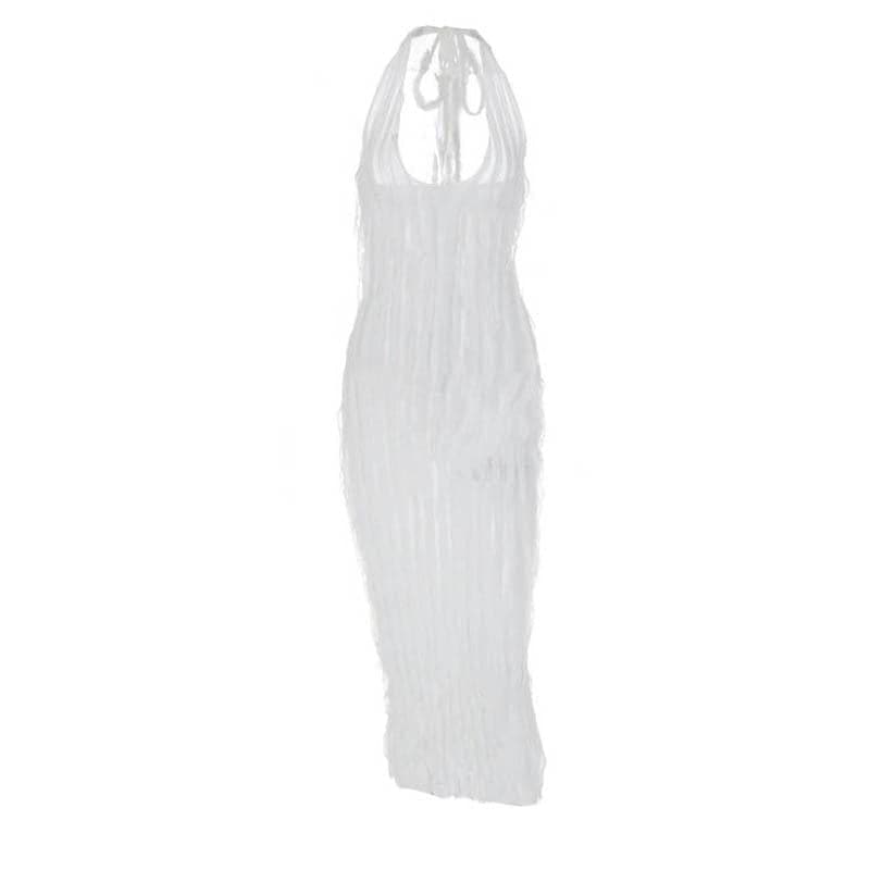 Halter U-Neck Lettuce Edge Ruffle Column Midi Dress