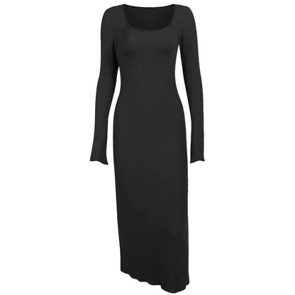 Square Neck Ribbed Knit Flared Sleeve Ruffle Mini Dress