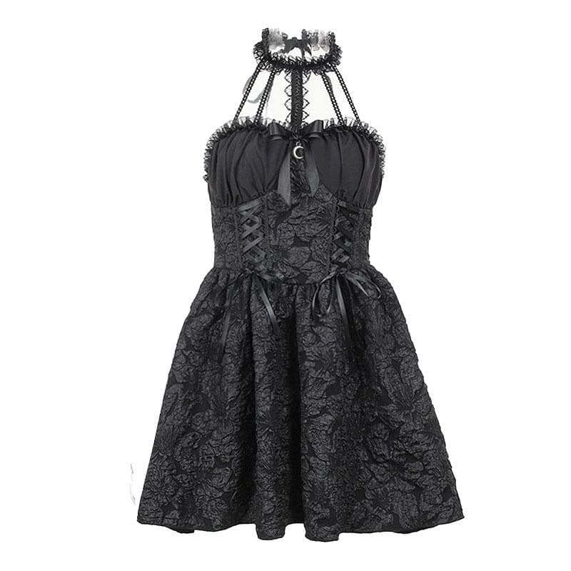 Halter Jacquard Lace Up Milkmaid Collar Crescent Charm Mini Dress