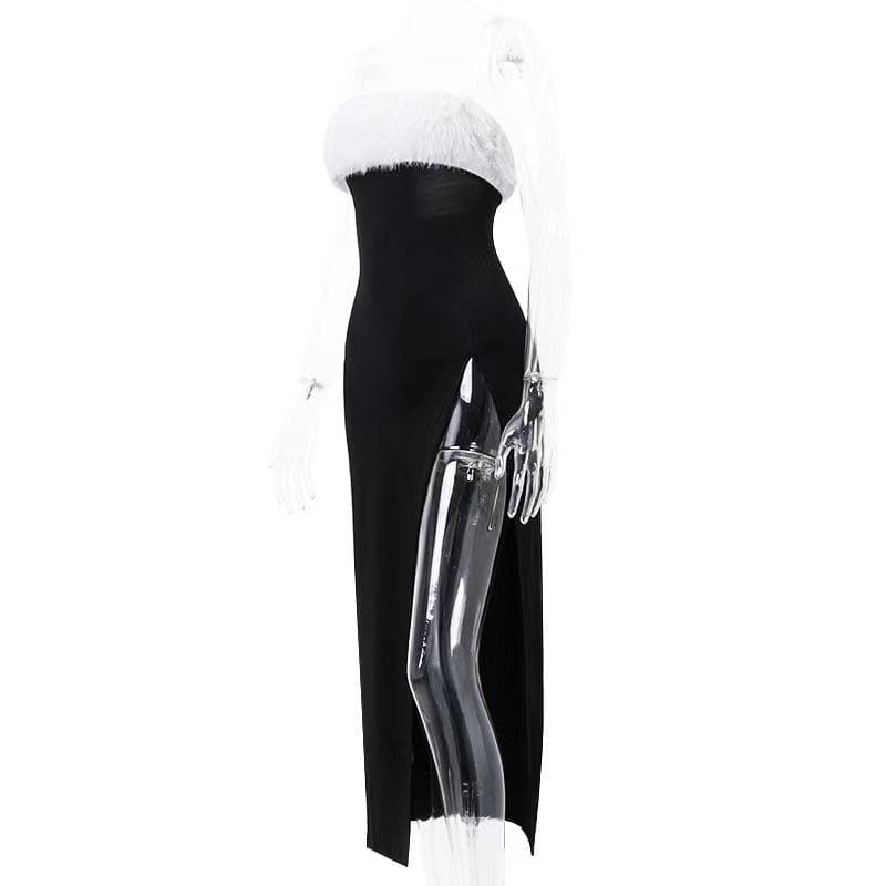 Faux Fur Trim Strapless Tube High Slit Bodycon Midi Dress
