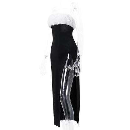 Faux Fur Trim Strapless Tube High Slit Bodycon Midi Dress