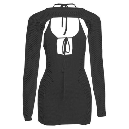 Fishnet Mesh Long Sleeve Shrug Halter Keyhole Mini Dress Set