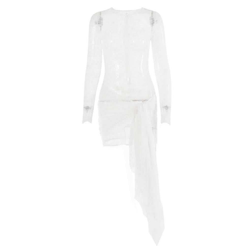 Lace Long Sleeve Draped Sash Ruched Mini Dress