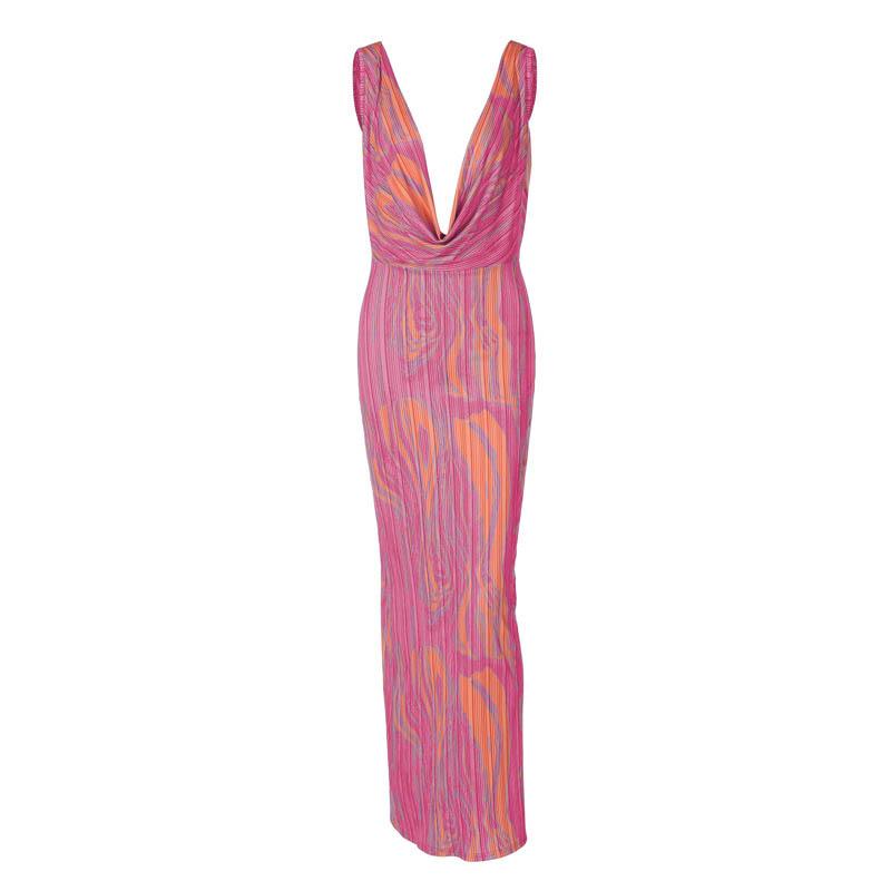 Spaghetti Strap Cowl Neck Abstract Marbled Print Bodycon Maxi Dress