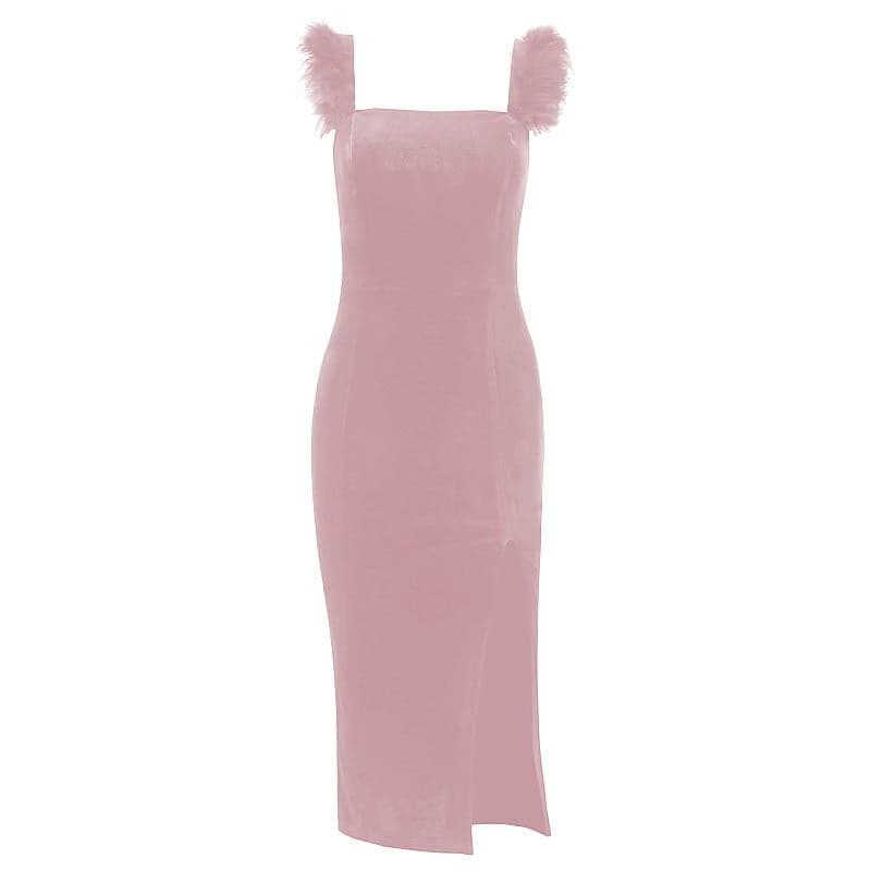 Square Neck Faux Fur Strap Side Slit Velvet Zip Up Midi Dress