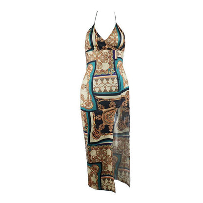 Halter Deep V Baroque Chain Medallion Print High Slit Maxi Dress