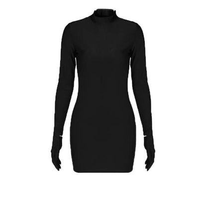 Mock Neck Integrated Glove Sleeve Bodycon Mini Dress