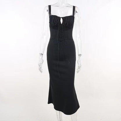 Sweetheart Keyhole Lace Up Corset Bodice Mermaid Midi Dress