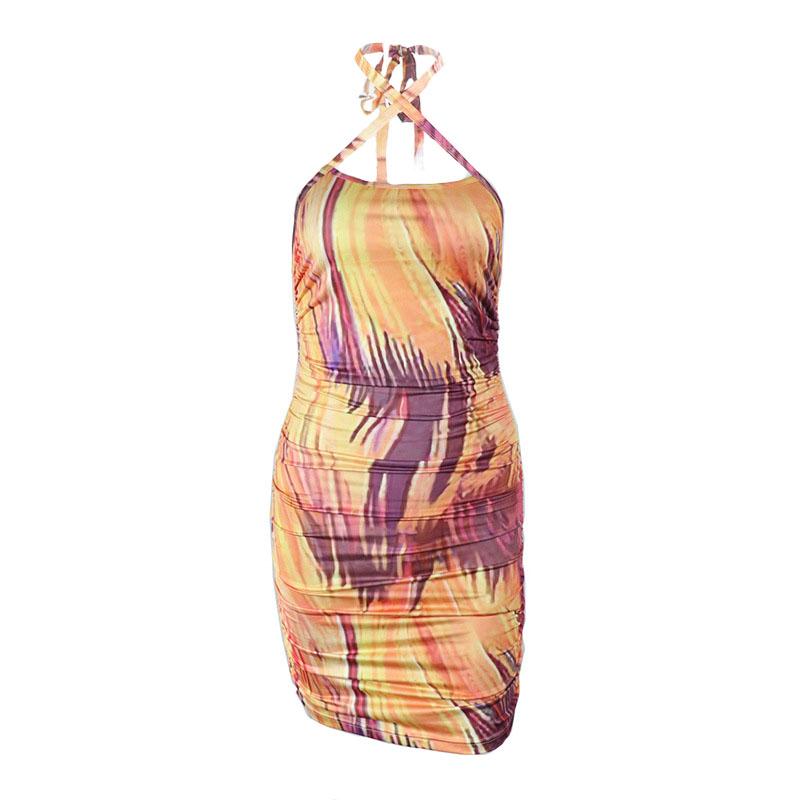 Abstract Marble Print Halter Ruched Bodycon Mini Dress