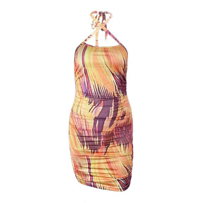 Abstract Marble Print Halter Ruched Bodycon Mini Dress