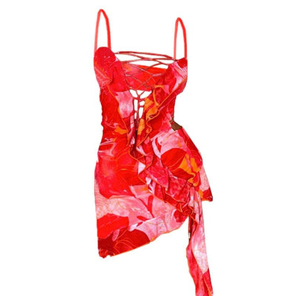 Halter Lace Up Ruffle Trim Asymmetric Hem Mini Dress