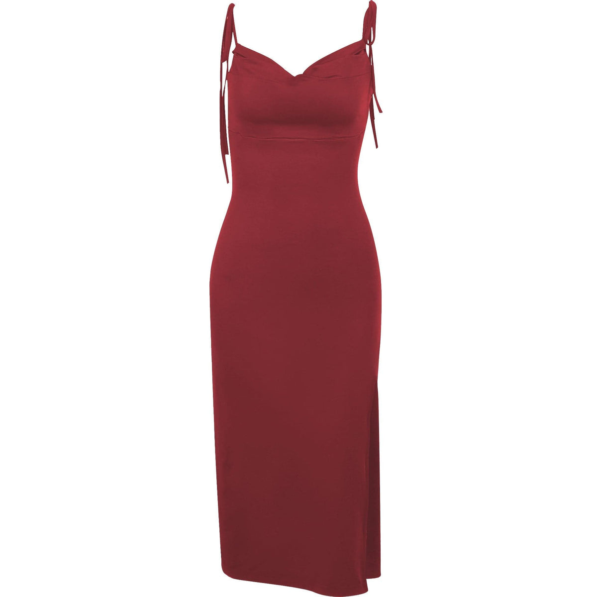 Cowl Neck Self Tie Spaghetti Strap Side Slit Bodycon Midi Dress