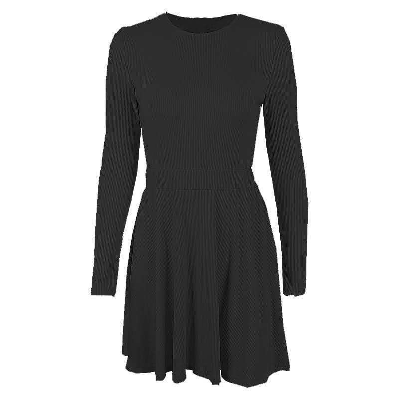 Ribbed Knit Band Waist Long Sleeve Skater Mini Dress