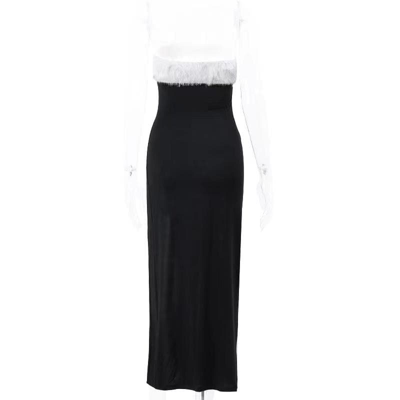 Faux Fur Trim Strapless Tube High Slit Bodycon Midi Dress