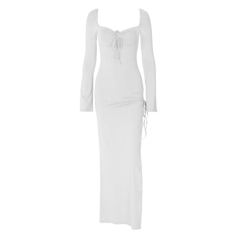 Sweetheart Lace-Up Front Ring Drawstring High Slit Long Sleeve Bodycon Maxi Dress