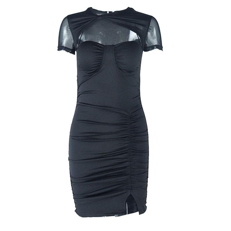 Short Sleeve Mesh Ruched Cutout Mini Dress