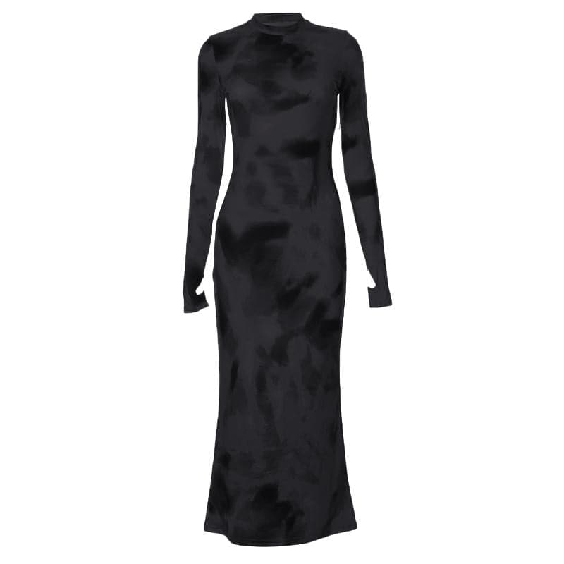 Tie Dye Print Mock Neck Thumbhole Long Sleeve Bodycon Maxi Dress