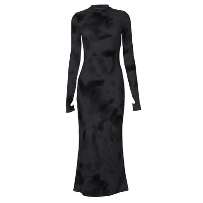 Tie Dye Print Mock Neck Thumbhole Long Sleeve Bodycon Maxi Dress