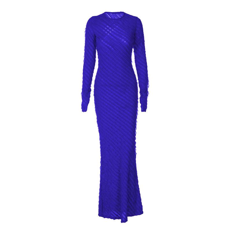 Crew Neck Long Sleeve Diagonal Ruffle Trim Bodycon Maxi Dress