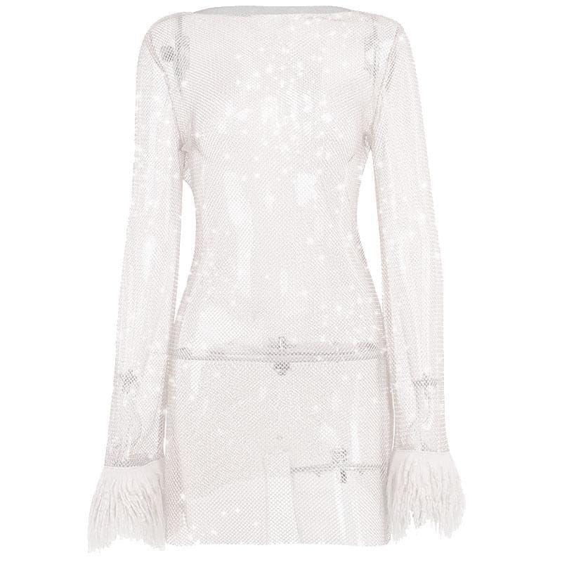 Sheer Mesh Feather Cuff Long Sleeve Round Neck Mini Dress