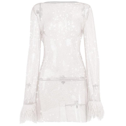 Sheer Mesh Feather Cuff Long Sleeve Round Neck Mini Dress