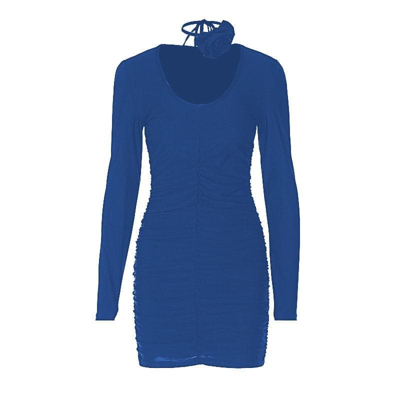 Ruched Long Sleeve Flower Applique U Neck Mini Dress