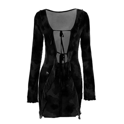 Sheer Mesh Long Sleeve Tie Front Ruffled Overlay Mini Dress Set