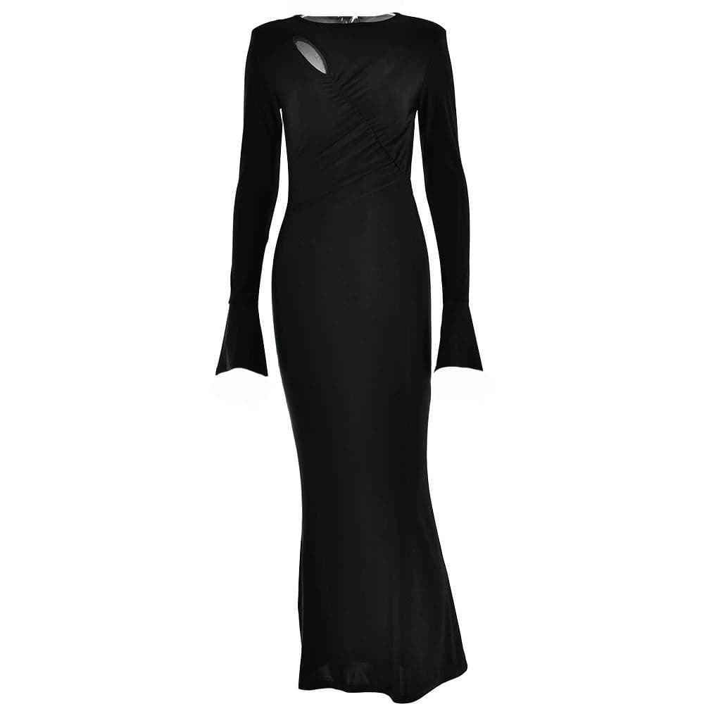 Round Neck Chest Cutout Bell Sleeve Ruched Bodycon Maxi Gown