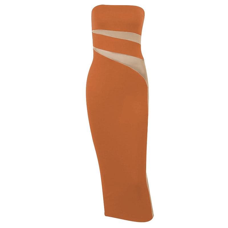 Strapless Diagonal Contrast Panel Bodycon Maxi Dress