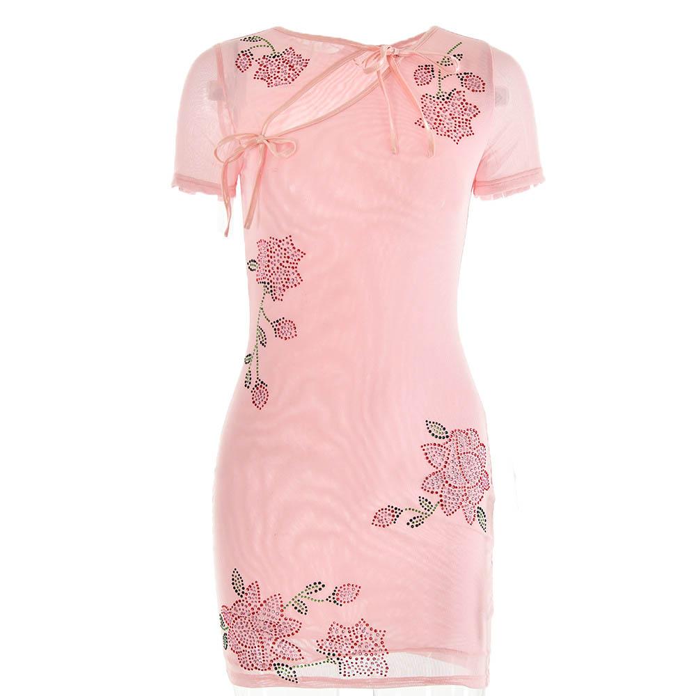 Floral Rhinestone Mesh Ribbon Cutout Short Sleeve Mini Dress
