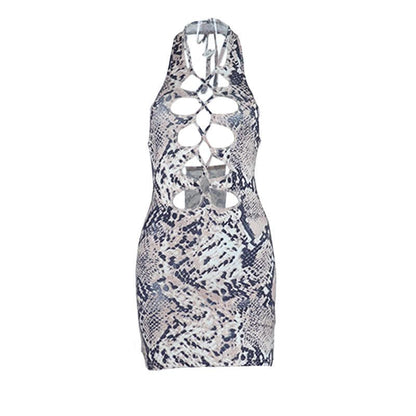 Snakeskin Print Halter Lattice Front Cutout Backless Mini Dress