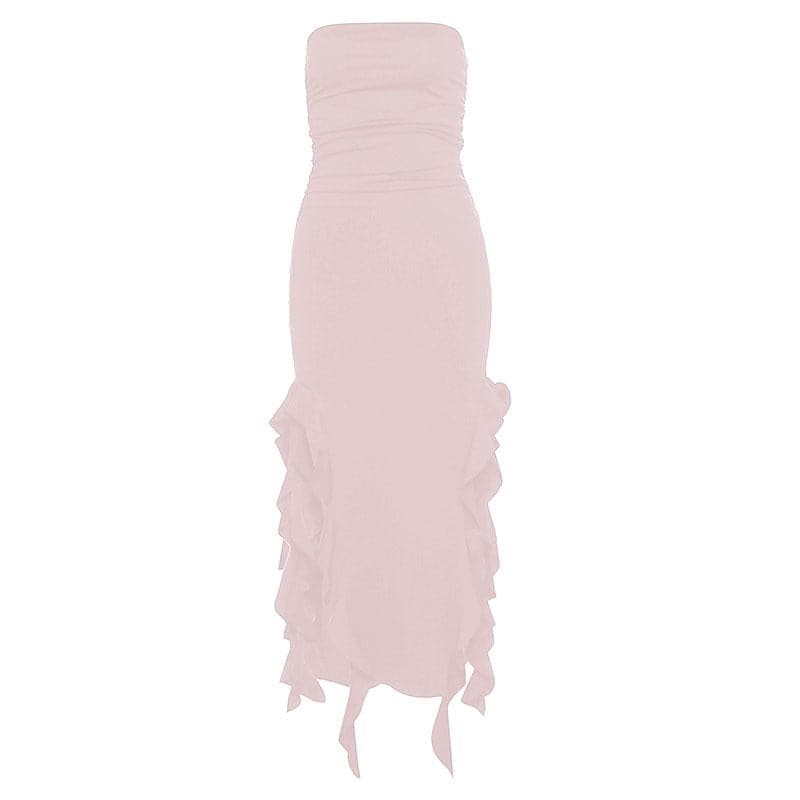 Strapless Ruched Double Slit Ruffle Hem Midi Dress