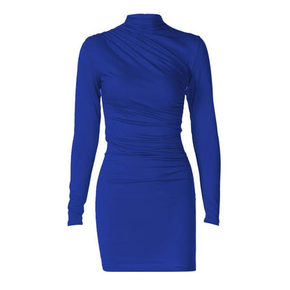 Mock Neck Diagonal Ruched Long Sleeve Bodycon Mini Dress