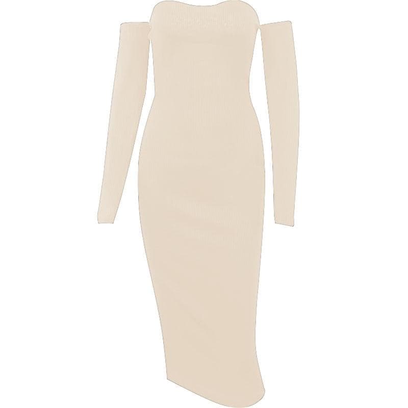 Ribbed Knit Off Shoulder Tube Thumbhole Sleeve Bodycon Maxi Dress