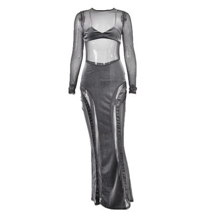Mesh Patchwork Velvet Paneled Long Sleeve Maxi Dress