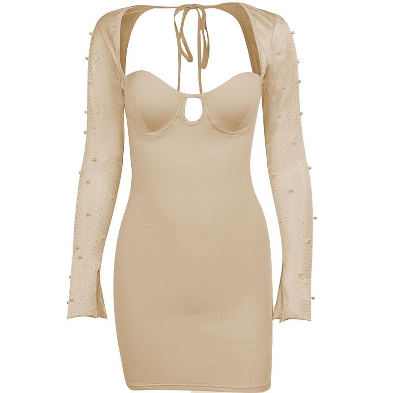 Hollow Out Beaded Mesh Sleeve Sweetheart Keyhole Ruched Zip Mini Dress