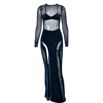 Mesh Patchwork Velvet Paneled Long Sleeve Maxi Dress