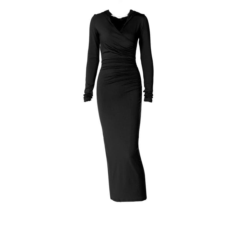 Hooded V-Neck Wrap Ruched Long Sleeve Bodycon Maxi Dress