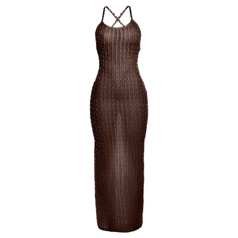 Scoop Neck Cross Back Self Tie Textured Maxi Dress
